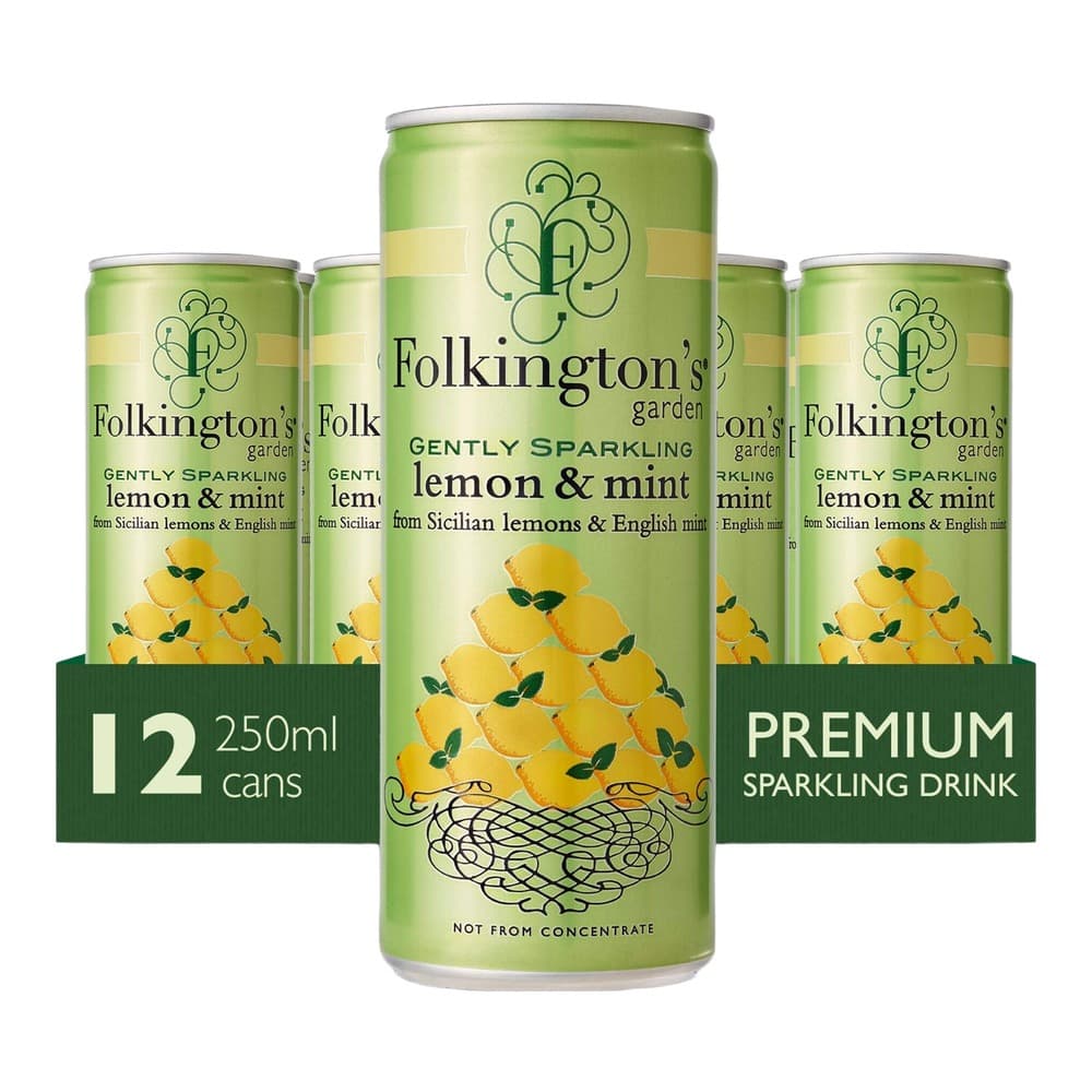 Pack shot of Folkington's Garden gently sparkling lemon and mint drink in 250ml cans, showing multiple cans and a product box display against a white background.