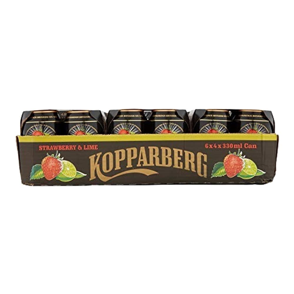 A 6-pack of Kopparberg Strawberry & Lime cider cans (6 x 330ml) displayed against a white background with the product packaging visible.