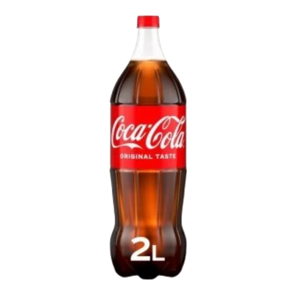A 2-litre Coca-Cola bottle with red label and white branding on a plain white background