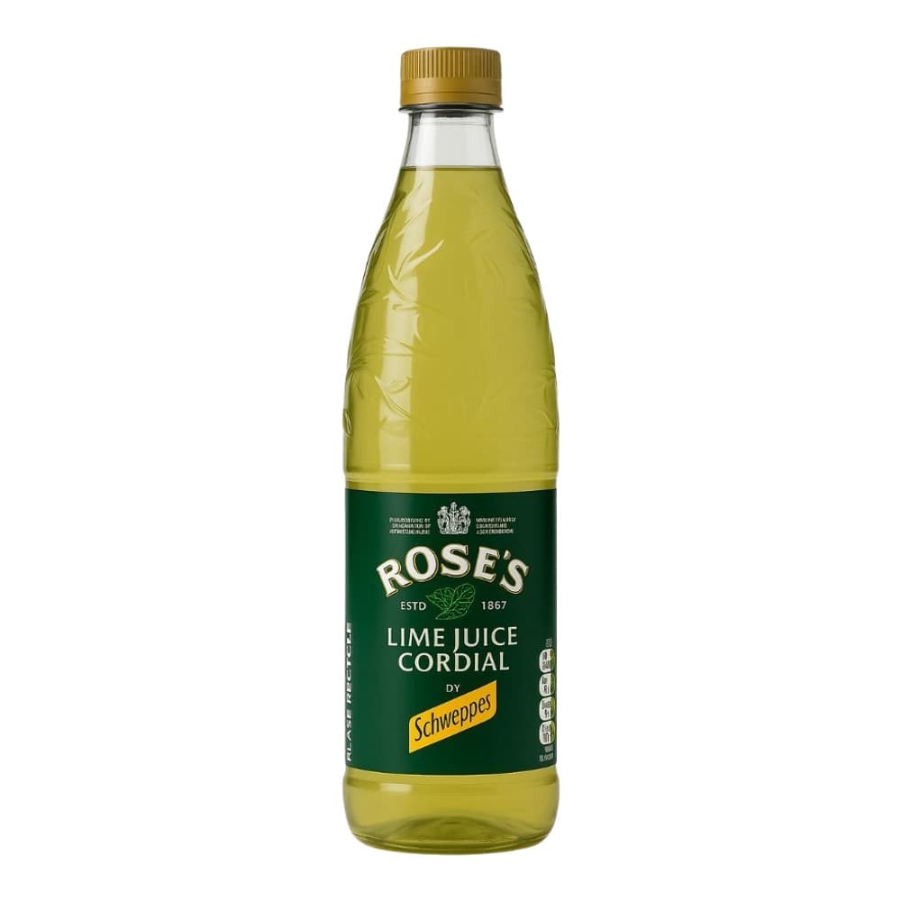A bottle of Rose's Lime Juice Cordial with a green label and gold cap, containing pale yellow lime juice cordial against a white background.