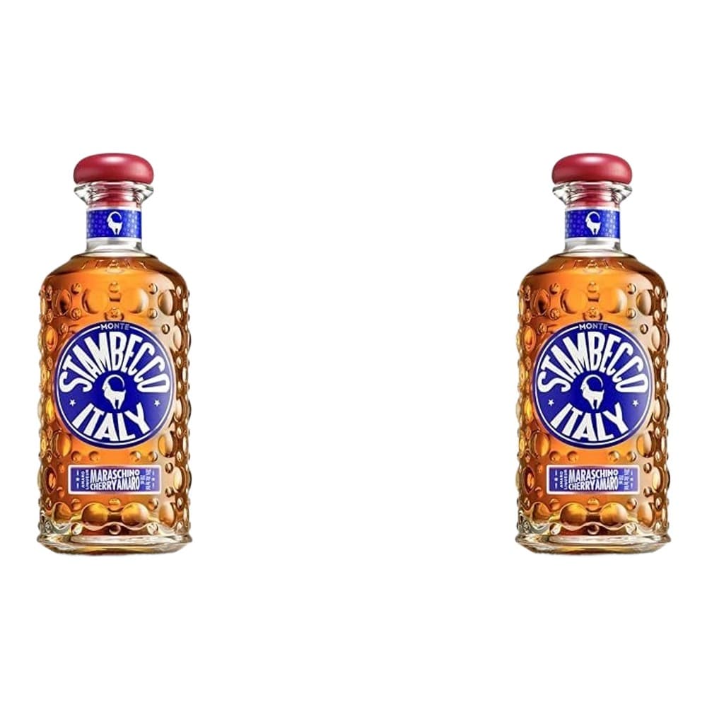Two bottles of Sambuca Di Italy liqueur with distinctive textured glass and red cap, displayed on white background
