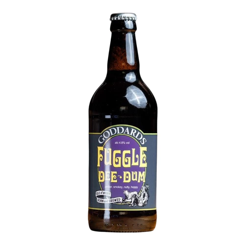 A dark amber beer bottle with a Coddards Piggle De-Dum label featuring purple and yellow branding, isolated on a white background.