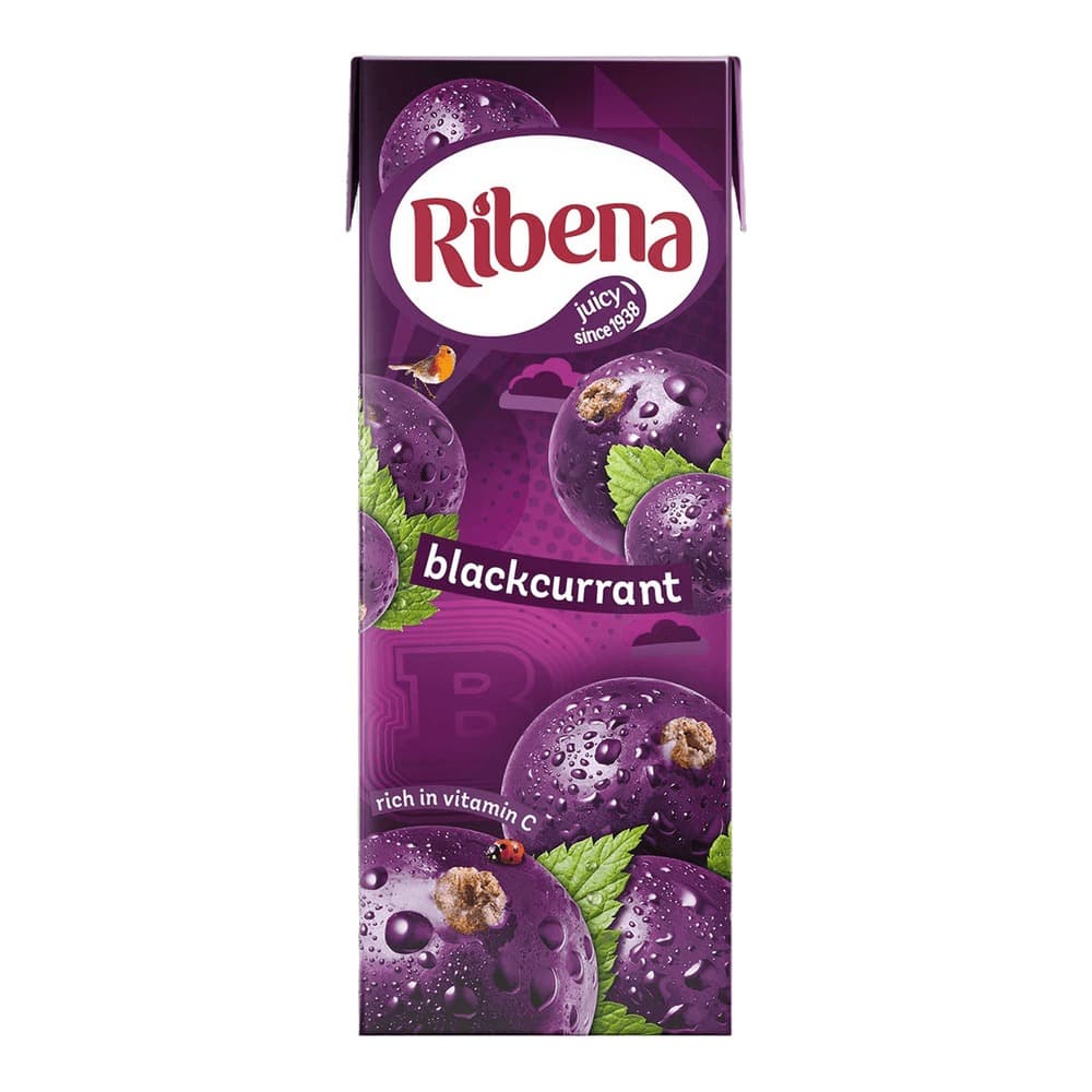 Ribena blackcurrant juice drink carton with purple branding, featuring fresh blackcurrants and green leaves on a white label. Text reads 'juicy since 1938' and 'rich in vitamin C'.