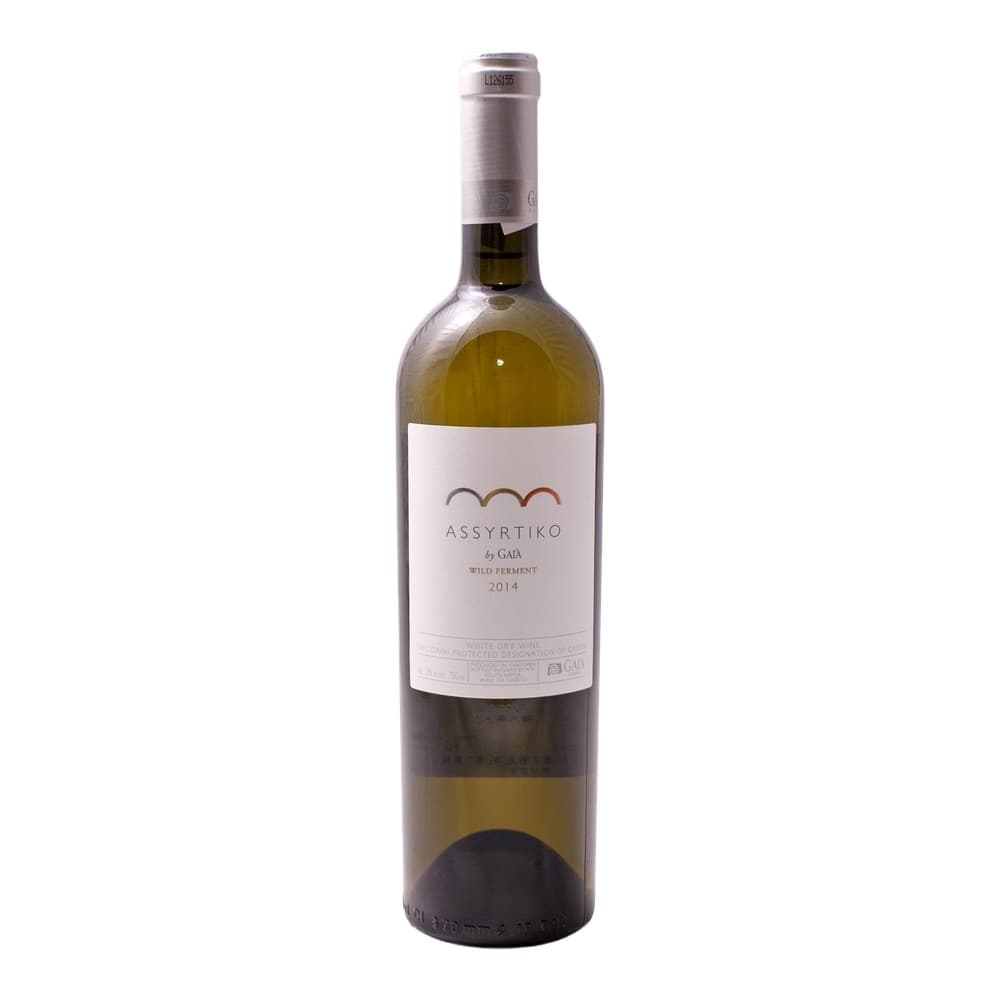 A bottle of Assyrtiko by Gaia white dry wine from 2014, featuring a pale yellow-green wine against a white background with a prominent white label.