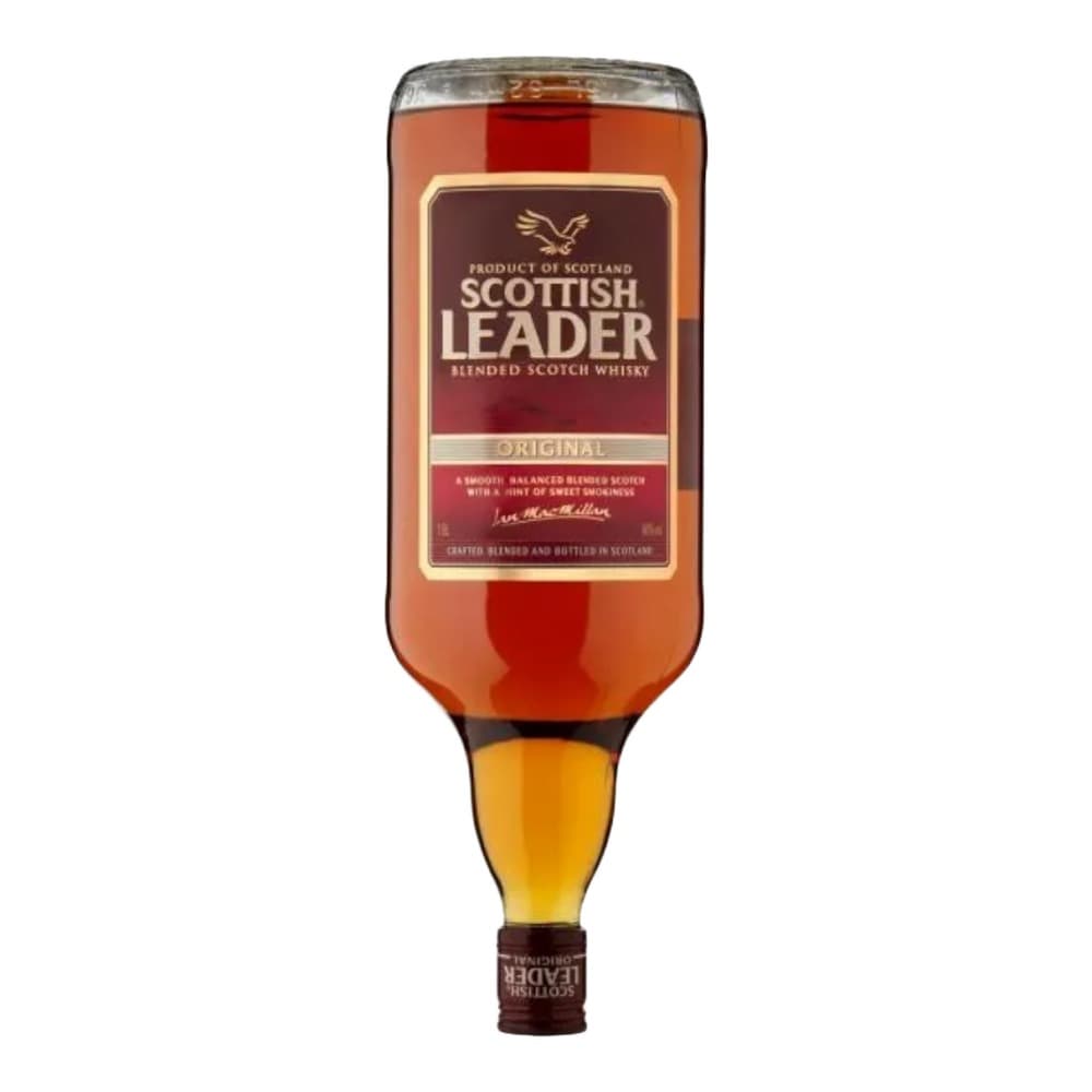 A bottle of Scottish Leader Original Blended Scotch Whisky against a plain white background, showing the amber liquid and dark label with golden accents.