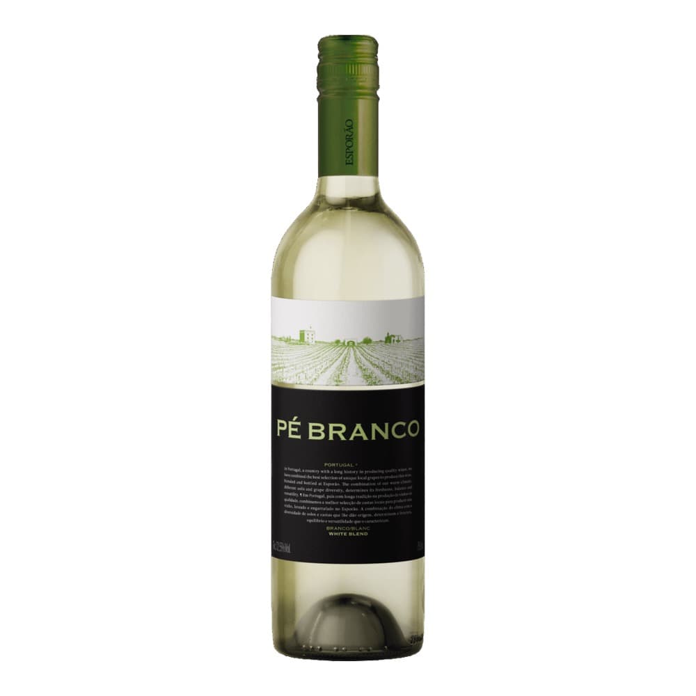 A bottle of Pé Branco Portuguese white wine against a white background, featuring a green foil cap and label with vineyard imagery.