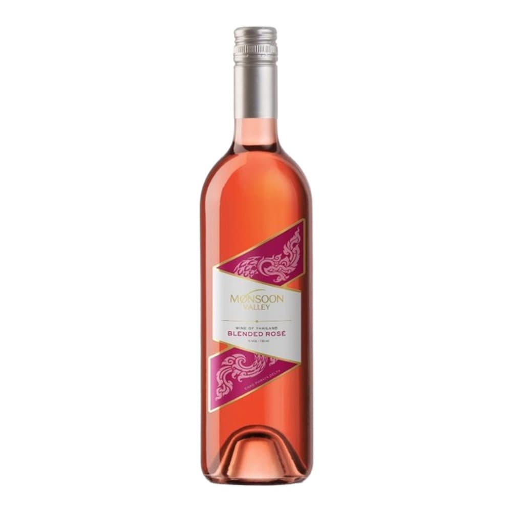 A bottle of Monsoon Valley Blended Rosé wine with purple ornamental design on white background