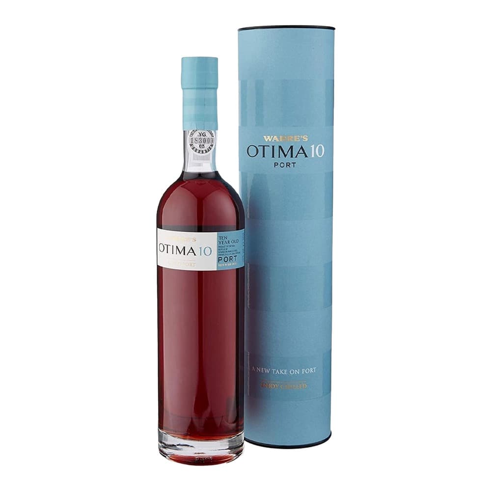 A bottle of Warre's Otima 10 Year Old Port wine displayed next to its blue cylindrical gift box on a white background.