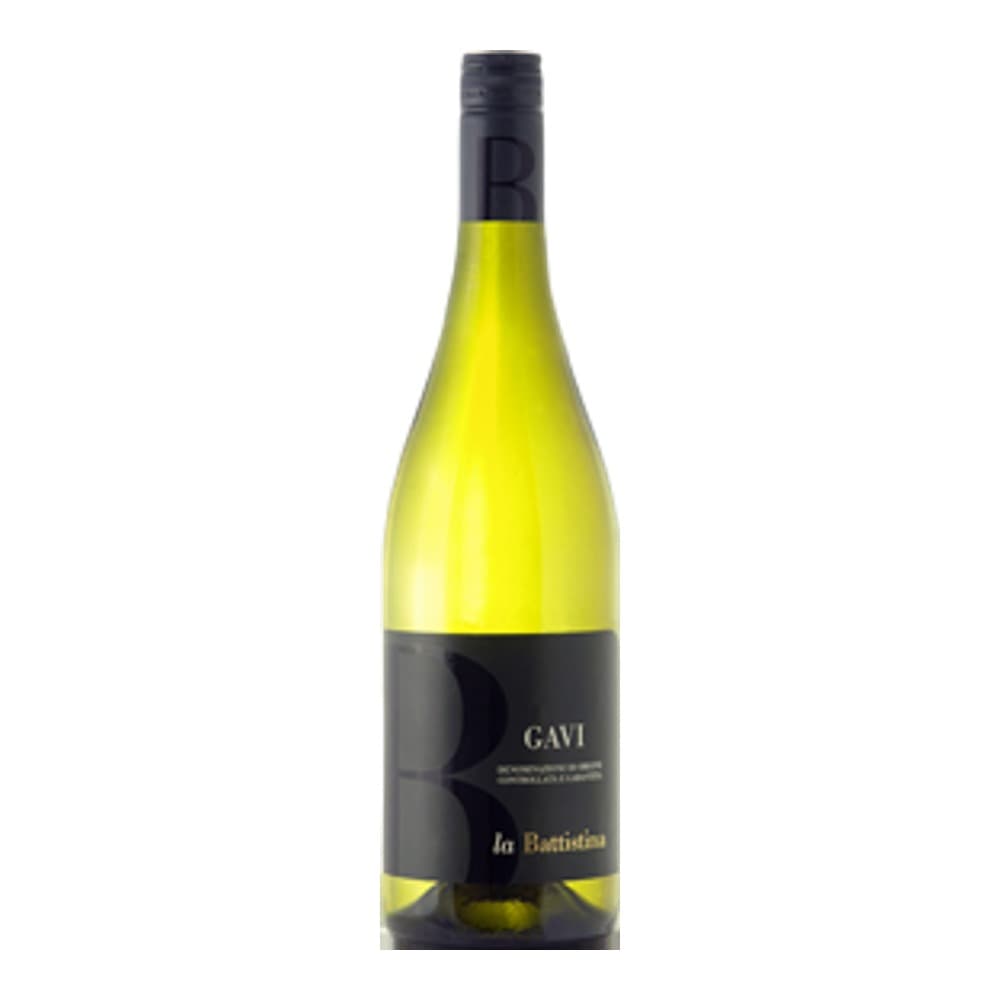A bottle of Gavi di Gavi white wine against a plain white background, featuring a dark label with yellow text.