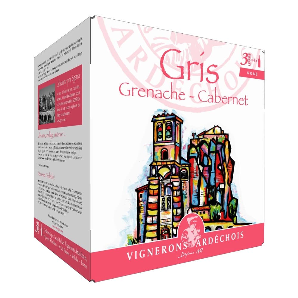 A 3-litre cardboard wine box featuring Gris Grenache Cabernet Rosé wine with colourful cathedral illustration and pink branding from Vignerons Ardéchois.