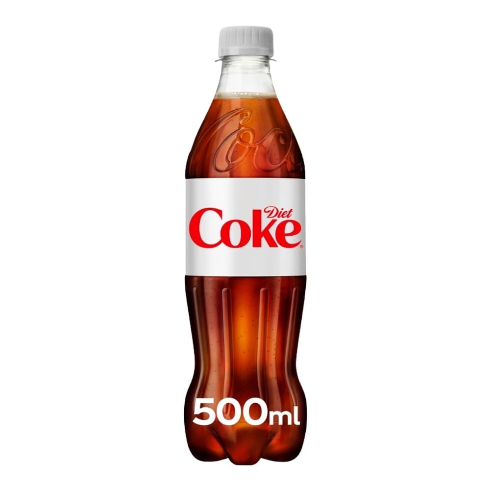 A 500ml bottle of Diet Coke against a white background, featuring the distinctive red label and white branding.
