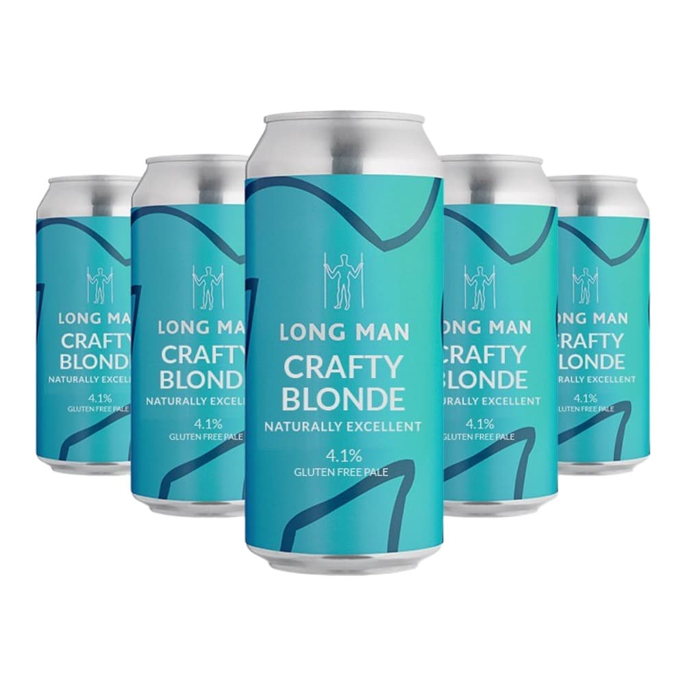 Six aluminium cans of Long Man Crafty Blonde beer displayed on white background
