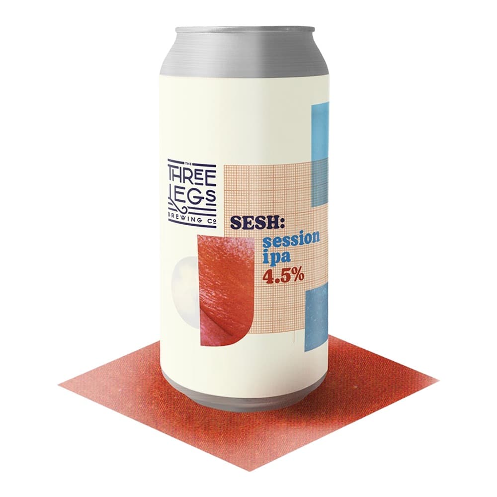 A cream-coloured aluminium beer can with grey top and red and blue geometric design elements, featuring Tree Legs Brewing Co logo and Sesh Session IPA labelling, displayed on a plain white background