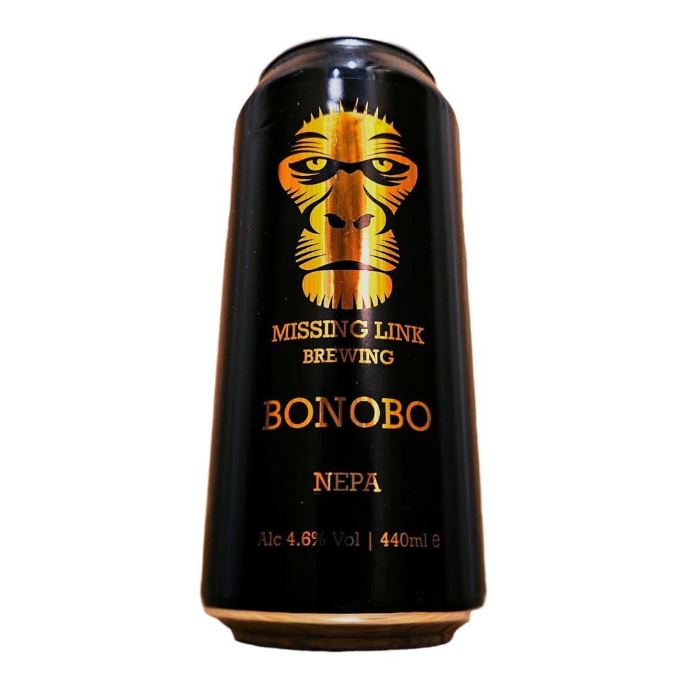 Black beer can with gold and yellow stylised primate face design, featuring Missing Link Brewing branding and Bonobo NEPA label
