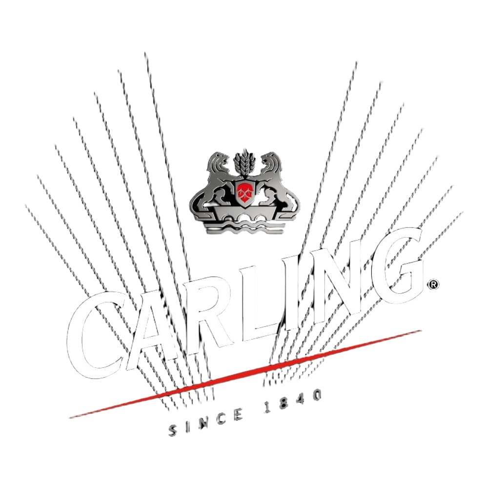 Carling beer brand logo featuring a heraldic crest and radiating lines on a black background