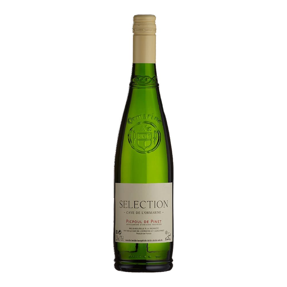 A bottle of Selection Picpoul de Pinet white wine from Cave de l'Ormarine, featuring a green glass bottle with a cream-coloured foil cap and label, isolated on a white background.