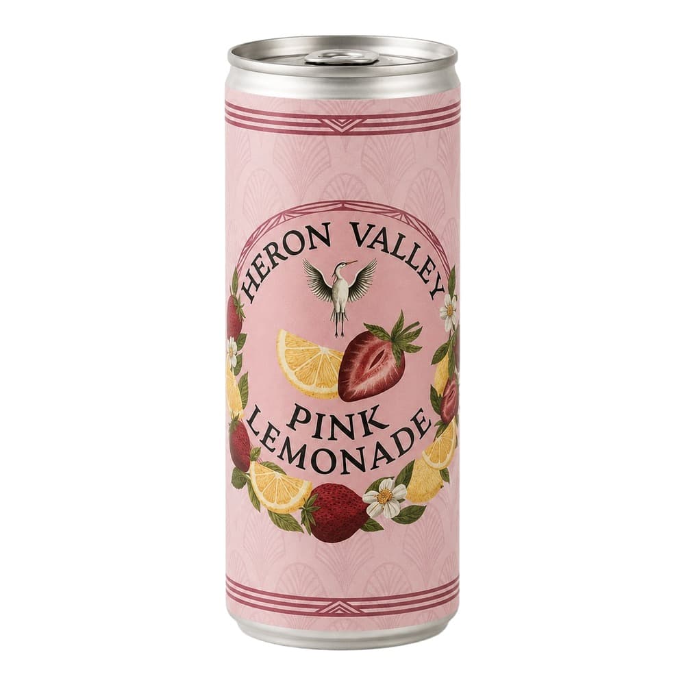 A pink aluminium can of Heron Valley Pink Lemonade featuring strawberry and lemon illustrations on a white background.