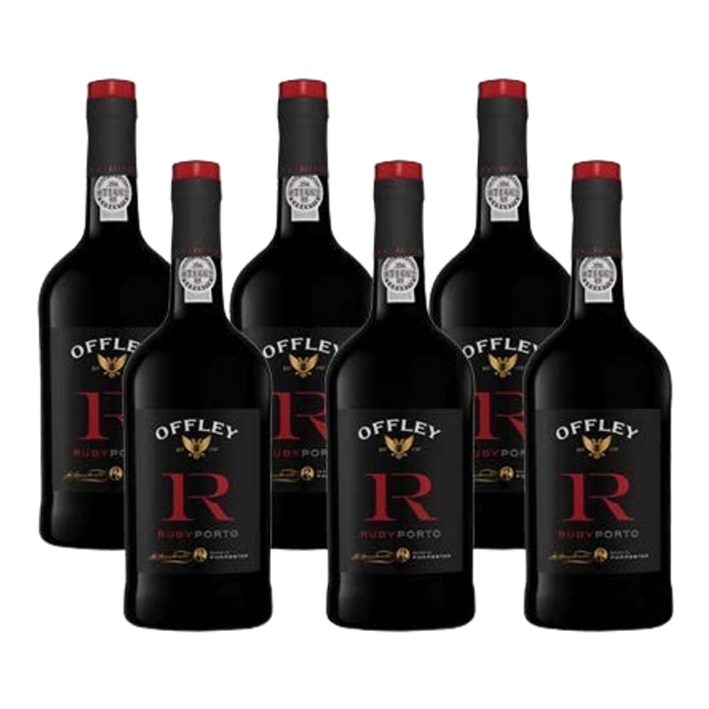 Six bottles of Offley R port wine arranged on a white background, featuring black labels with red accents and red foil capsules.