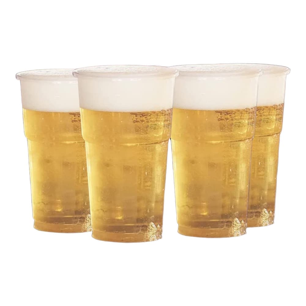 Four plastic cups filled with golden beer with white foam heads, displayed on a dark table in a blurred bar or nightclub environment with warm lighting in the background
