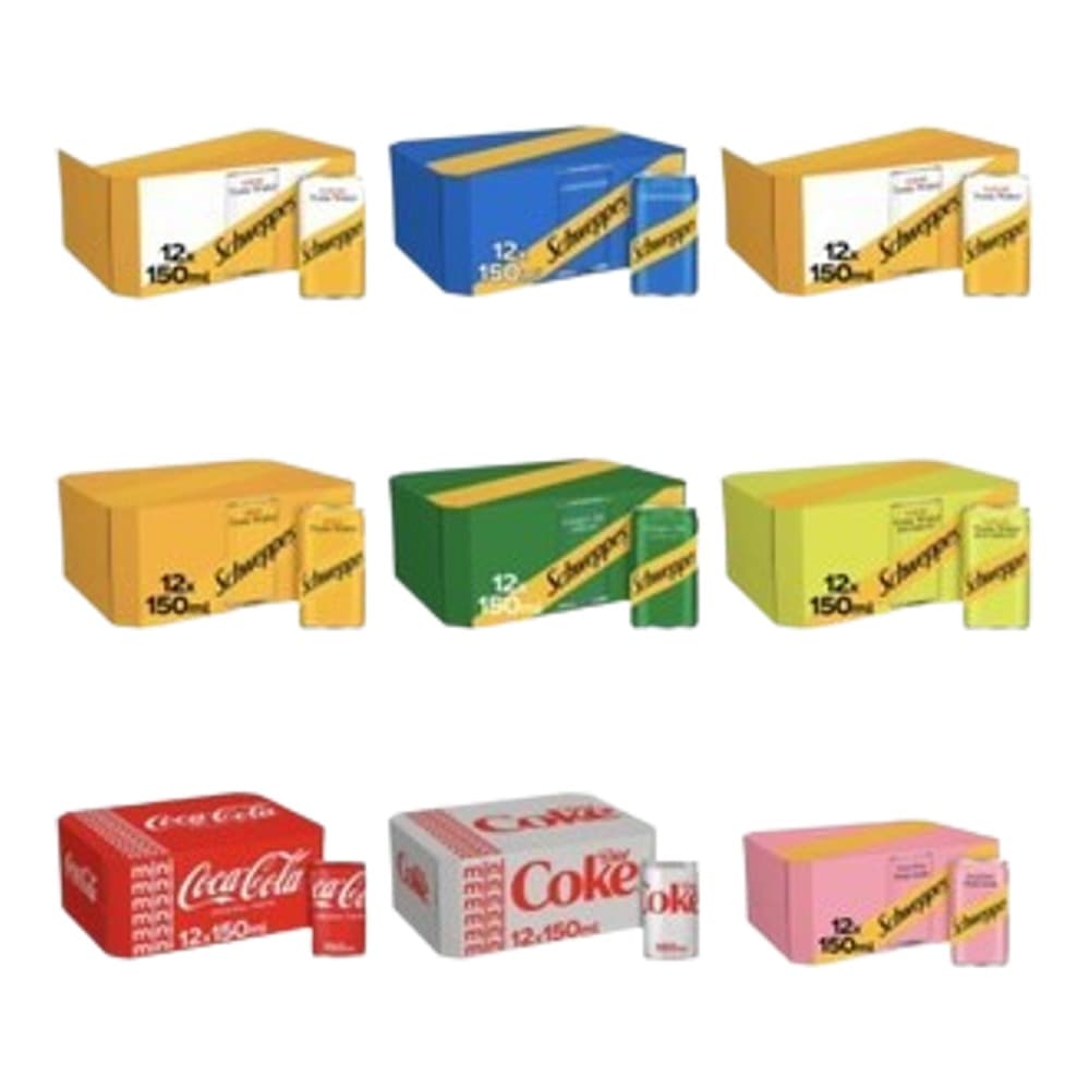 Grid layout showing multiple beverage boxes and packaging in different colours including yellow, blue, green, red, and pink variants.
