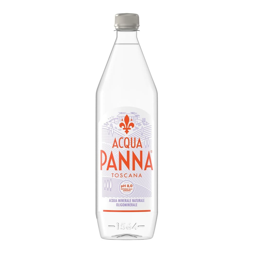 Clear glass bottle of Acqua Panna Toscana mineral water with red fleur-de-lis logo and label on white background