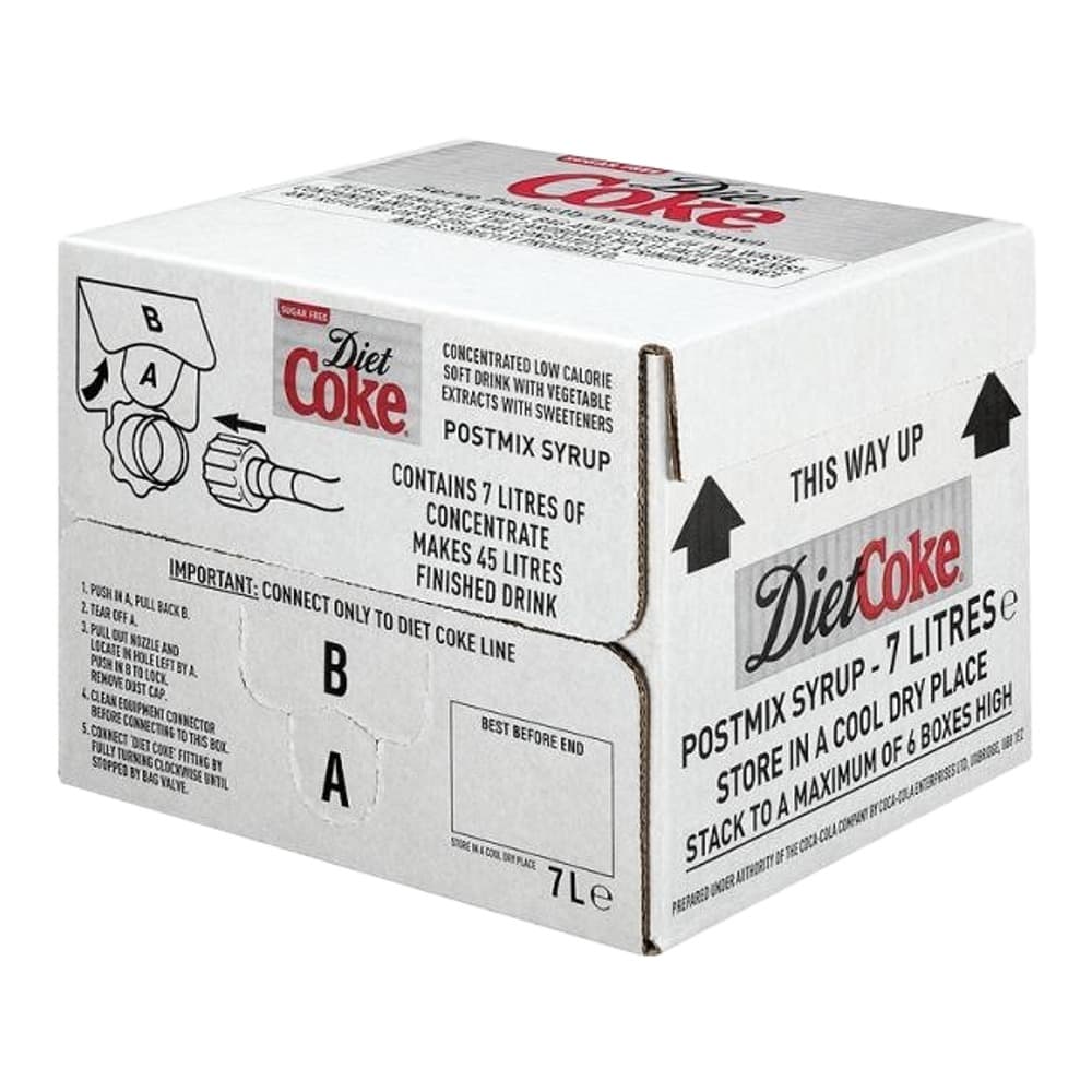 A white cardboard box of Diet Coke Postmix syrup concentrate, 7 litres, displayed against a plain white background with assembly instruction diagrams and product information visible on the sides.