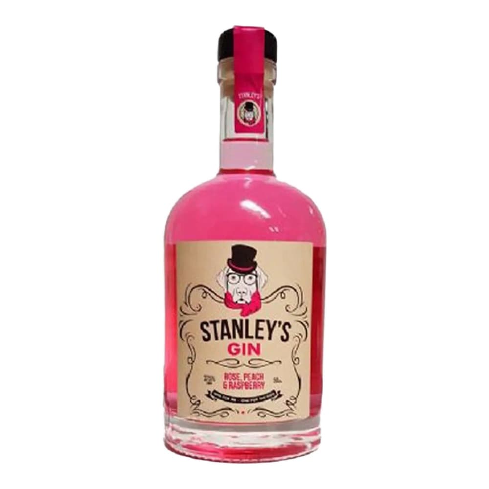 A bright pink gin bottle with a cream-coloured label featuring a man in a top hat, displaying Stanley's Gin branding and Rose Peach & Raspberry flavour text.