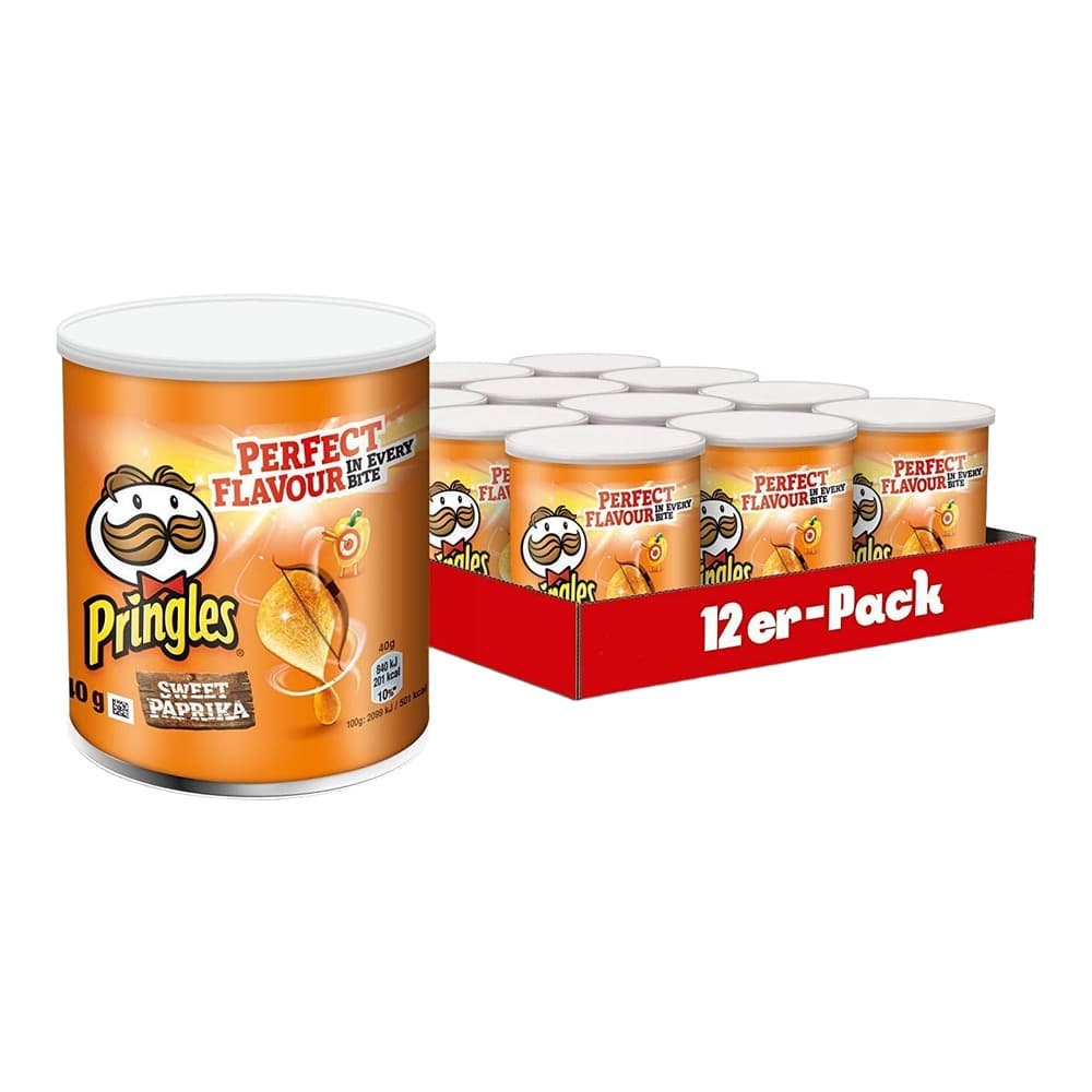Pringles Sweet Paprika flavoured crisps in cylindrical cans displayed with a 12-pack retail box on a white background.