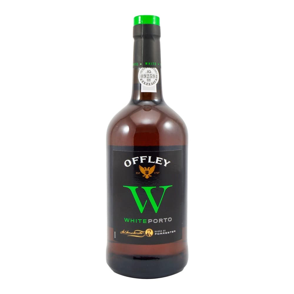 A bottle of Offley White Porto wine with a green cap and black label featuring a golden eagle emblem, photographed against a white background.