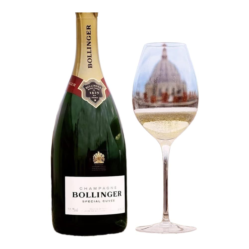 A bottle of Bollinger Special Cuvée champagne displayed next to a filled champagne flute, with a blurred Parisian rooftop and architecture in the background.