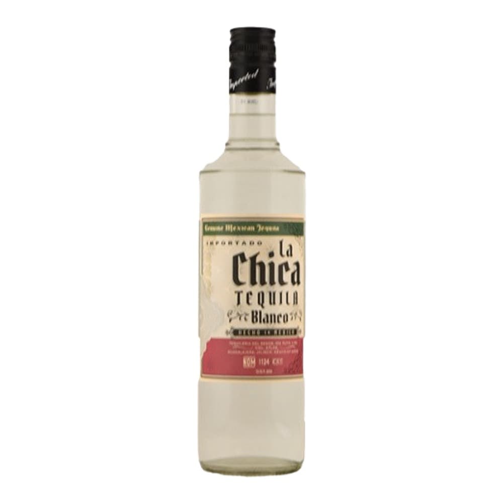 A bottle of La Chica Tequila Blanco on a plain white background, featuring a clear label with red accent band and black cap.
