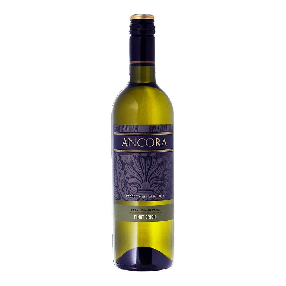 A bottle of Ancora Pinot Grigio white wine from Provincia di Pavia, Italy, with a dark navy and gold label on a white background.