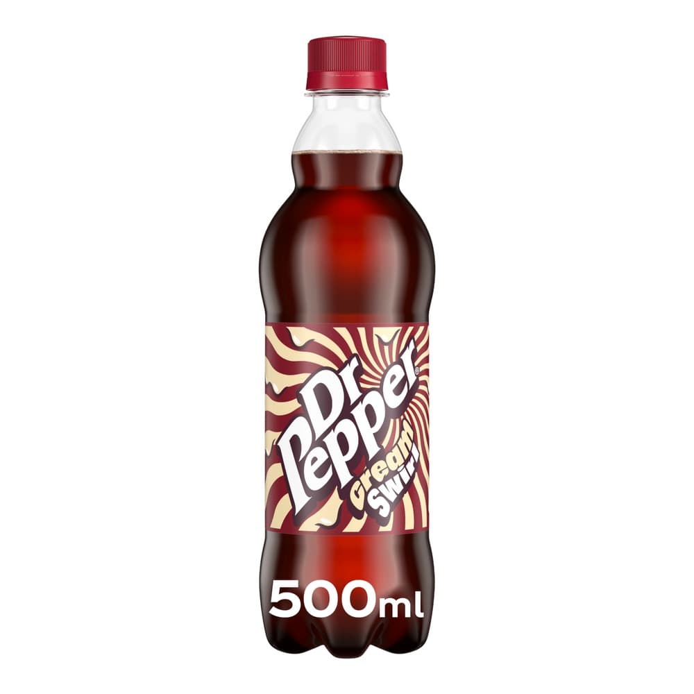 A 500ml bottle of Dr Pepper Spiced Swirl soft drink with a red cap and burgundy label featuring a retro spiral design on a white background.