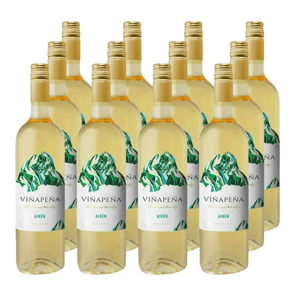 Eight bottles of Viñapeña Airén white wine with gold foil caps and green leaf labels arranged on a white background
