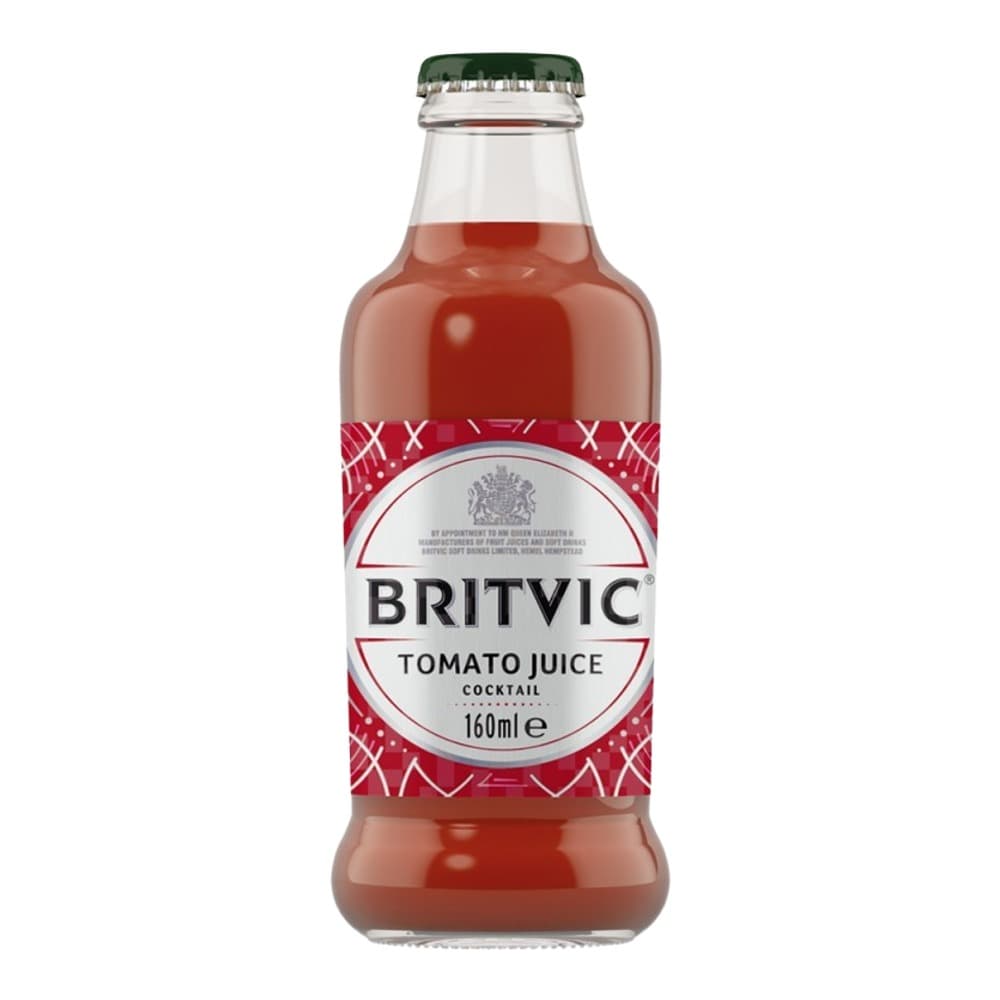 A 160ml bottle of Britvic Tomato Juice Cocktail mixer with a green cap and red label on a white background.