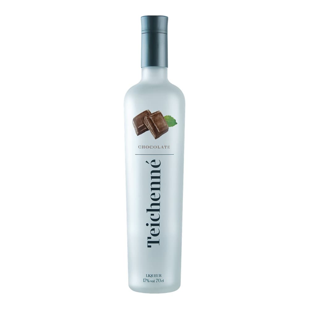 A frosted glass bottle of Teichenne Chocolate Liqueur with a blue-grey metallic cap, featuring chocolate imagery and mint leaf on the label, 17% vol 70cl
