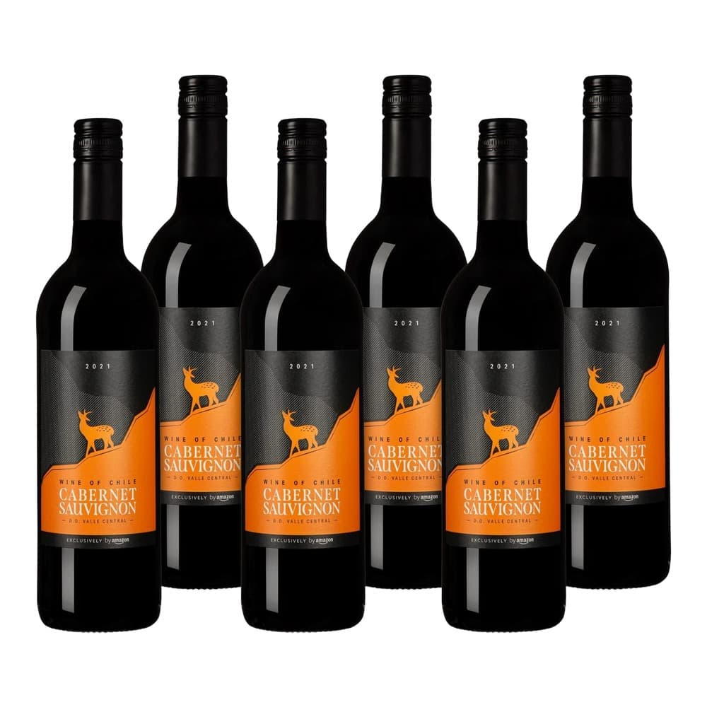Six bottles of Wine of Chile Cabernet Sauvignon 2021 with orange and black labels on a white background, exclusively available on Amazon