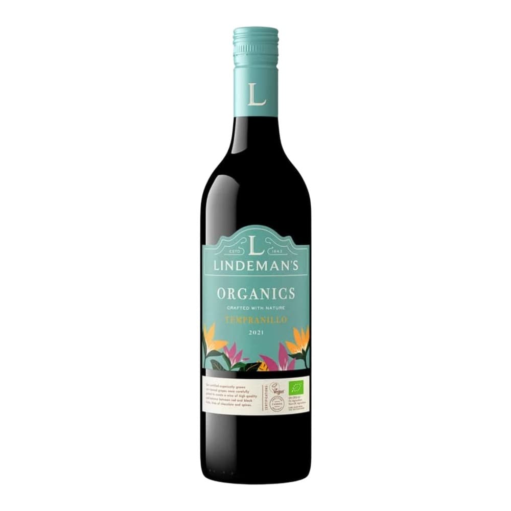 Bottle of Lindeman's Organics Tempranillo 2021 red wine with turquoise cap and label featuring colourful floral design, isolated on white background.