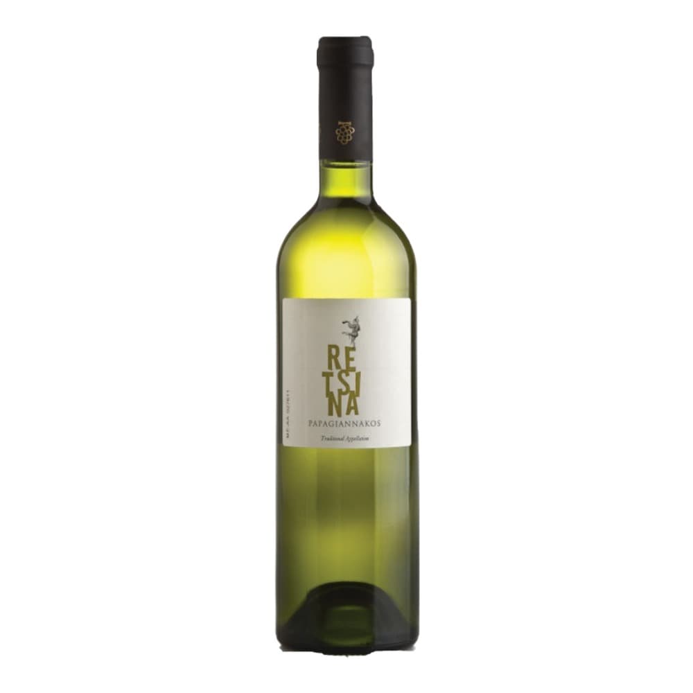 A bottle of Retsina Papagiannakos white wine with a cream-coloured label on a plain white background.