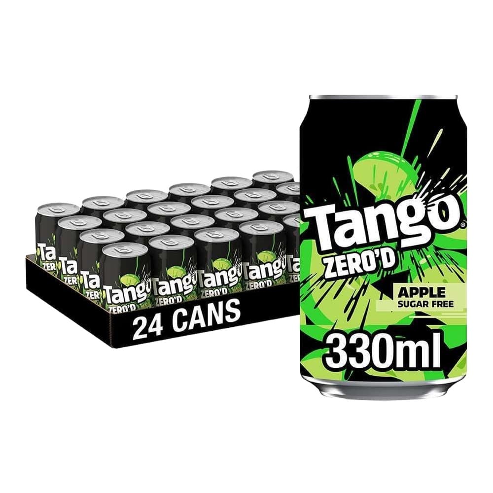 A 24-pack of Tango Zero'd Apple sugar-free soft drink cans displayed with a single 330ml can shown in front on a white background.