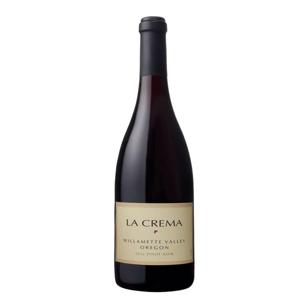 A bottle of La Crema Pinot Noir from Willamette Valley, Oregon, with a cream and black label against a white background.