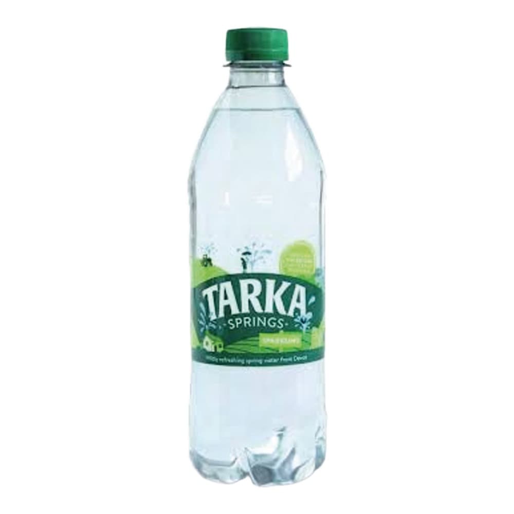 A clear plastic bottle of Tarka Springs sparkling water with a green cap and label against a white background.