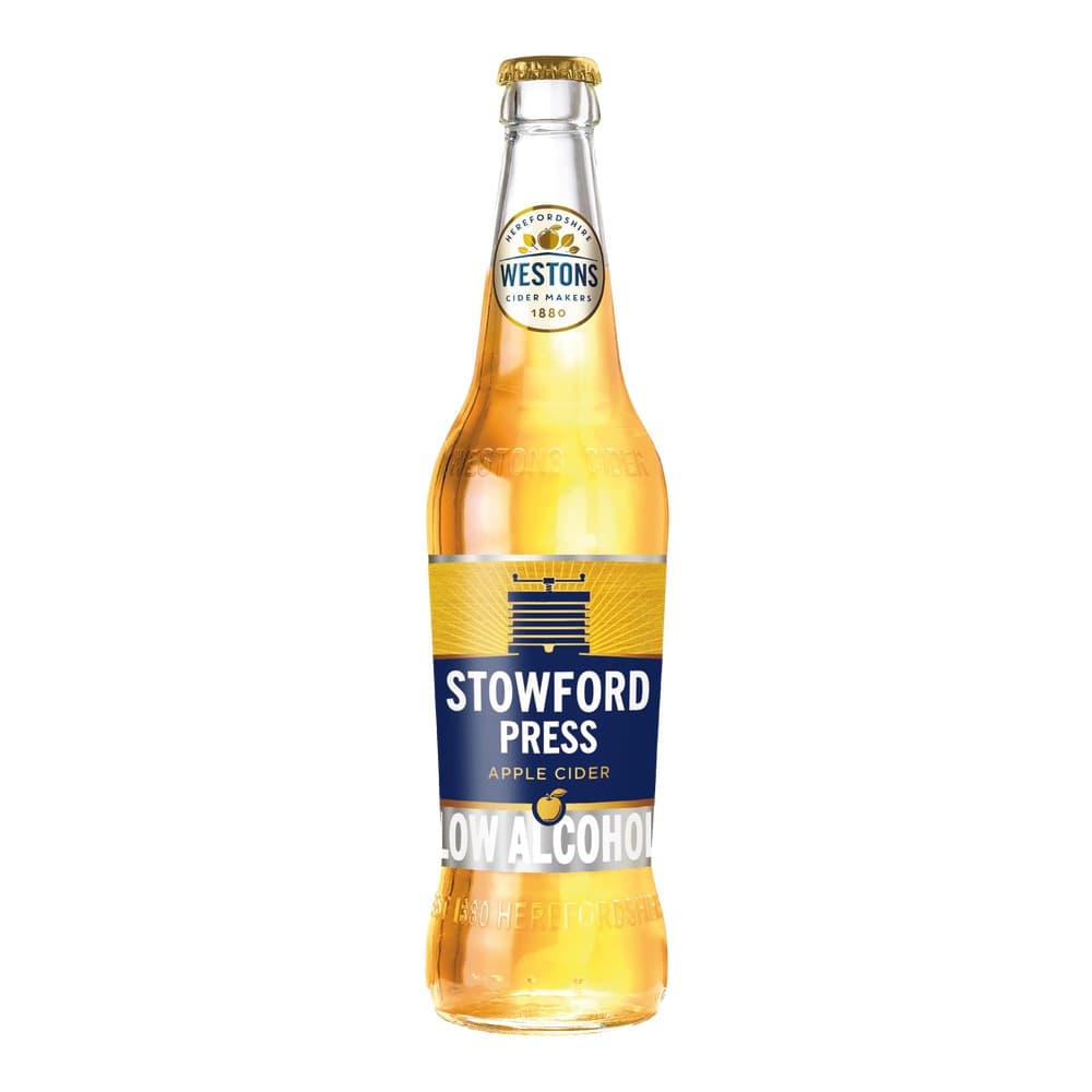 A clear glass bottle of Westons Stowford Press low alcohol apple cider with a gold cap and navy blue label, isolated on a white background.