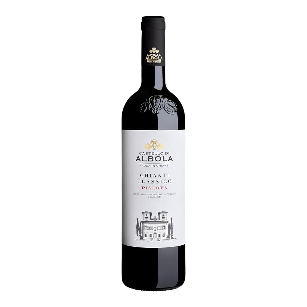 A bottle of Castello di Albola Chianti Classico Riserva red wine with white label and black foil cap, photographed against a plain white background.