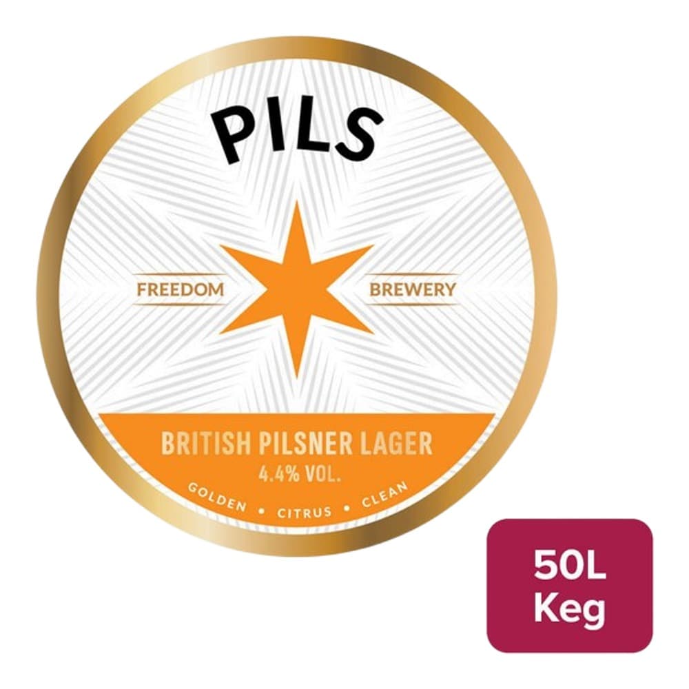 Circular beer keg label for Freedom Brewery Pils, a British Pilsner Lager with an orange star logo and product details on a white and gold background