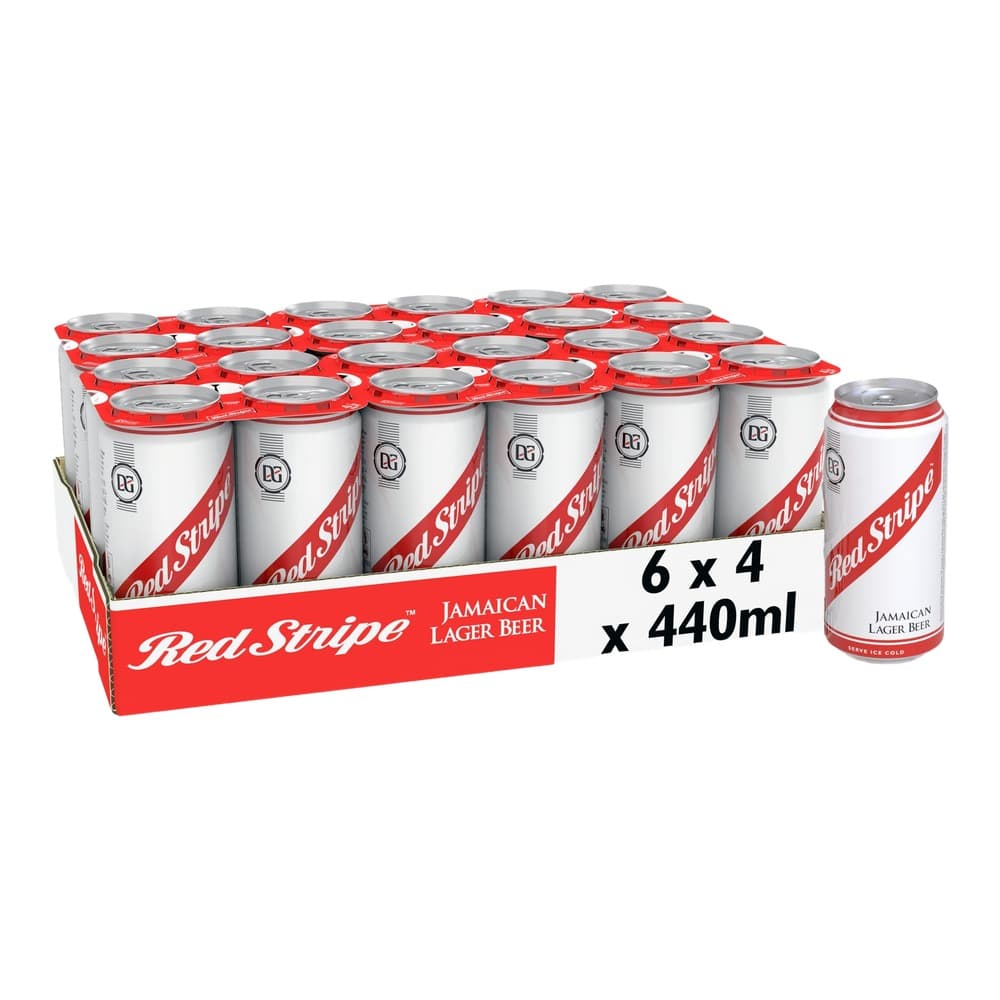 A cardboard multipack containing 24 cans of Red Stripe Jamaican lager beer, each 440ml, arranged on a white background with one individual can displayed to the right.