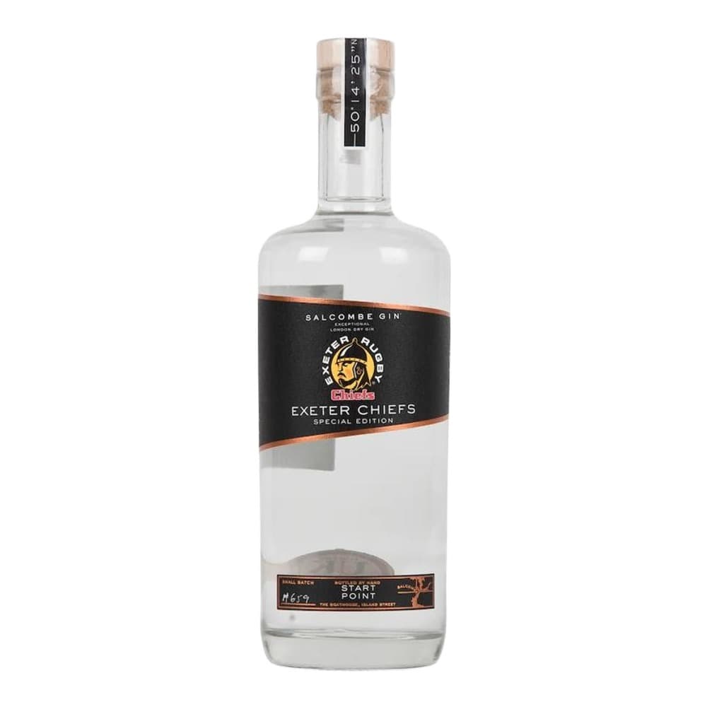 A clear glass bottle of Salcombe Gin with a black label featuring the Exeter Chiefs logo, displayed against a white background.