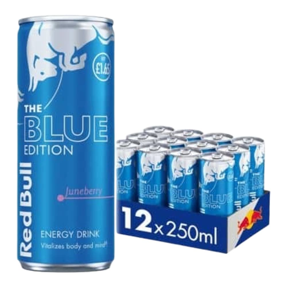 A single Red Bull Blue Edition energy drink can displayed next to a 12-pack box containing 250ml cans, shown on a white background.