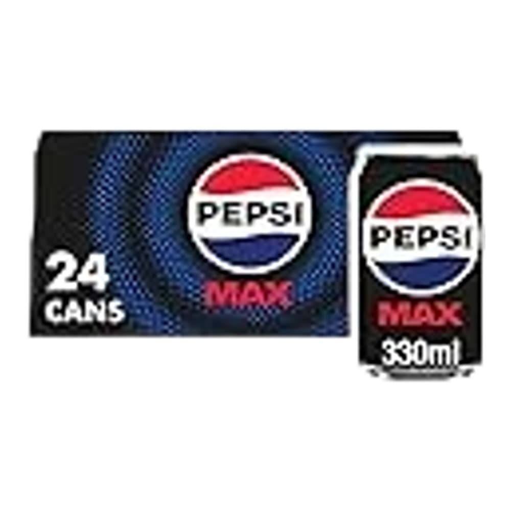 A product pack shot showing a 24-pack carton of Pepsi cola cans alongside individual 330ml cans against a dark blue background.