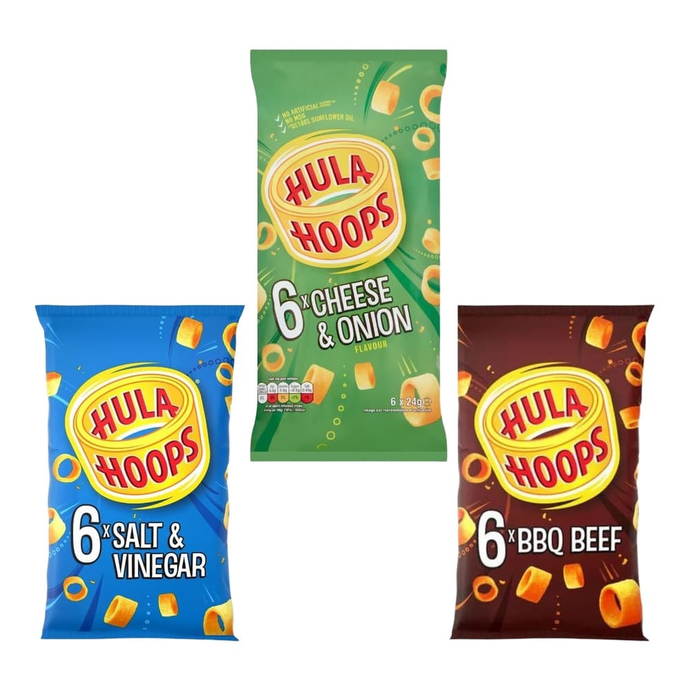 Three packets of Hula Hoops crisps in Salt & Vinegar, Cheese & Onion, and BBQ Beef flavours arranged on white background
